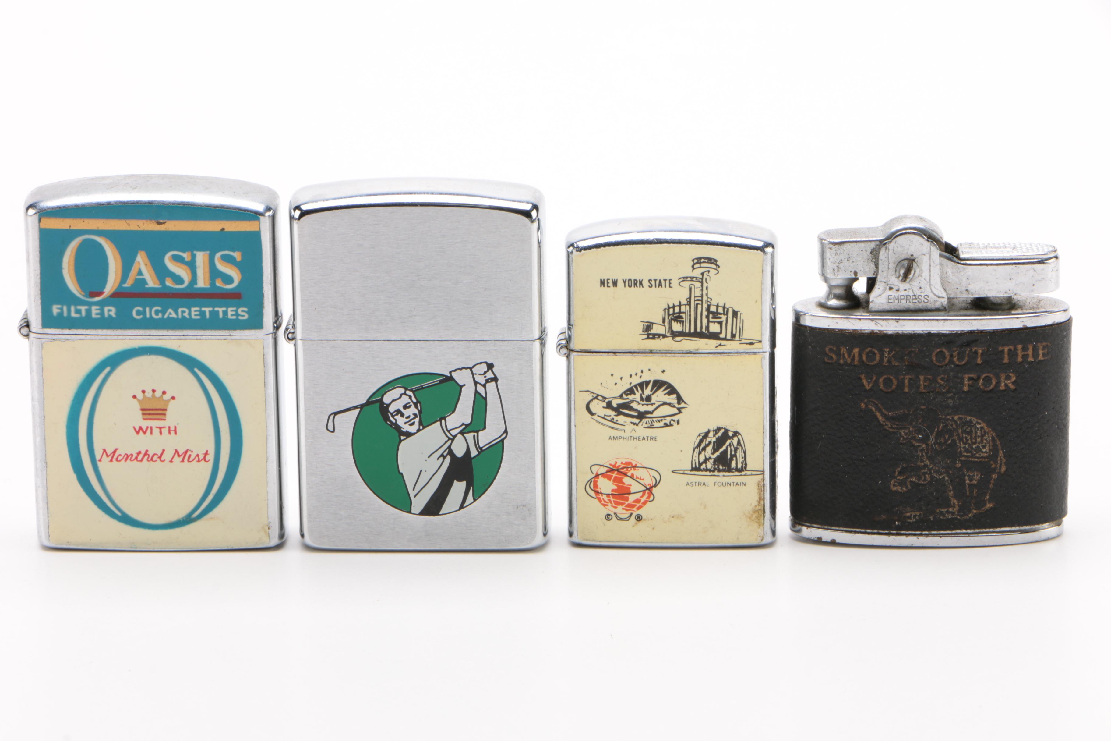 Branded and Advertising Cigarette Lighters Including Elgin and Penguin, Vintage