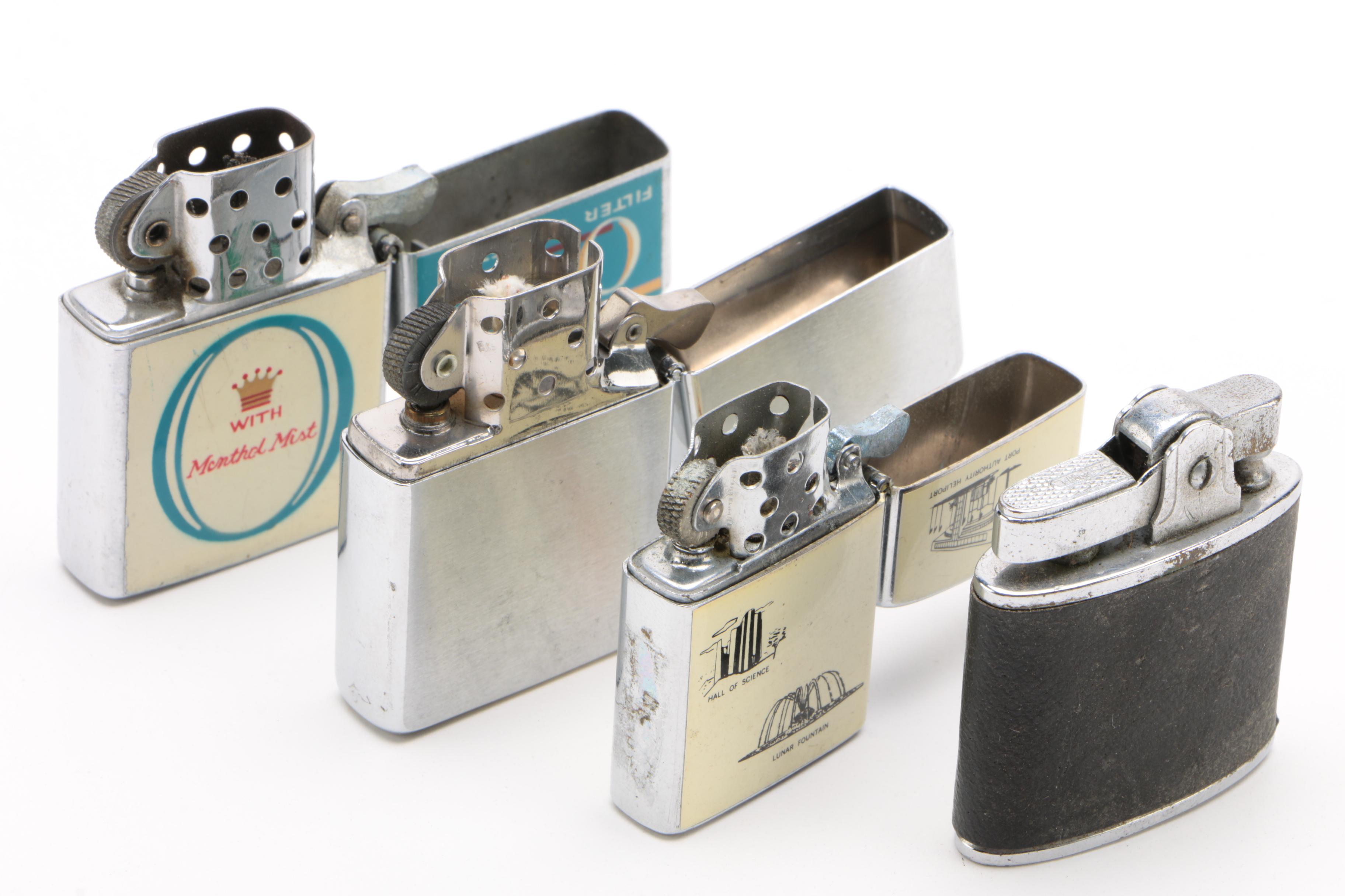 Branded and Advertising Cigarette Lighters Including Elgin and Penguin, Vintage