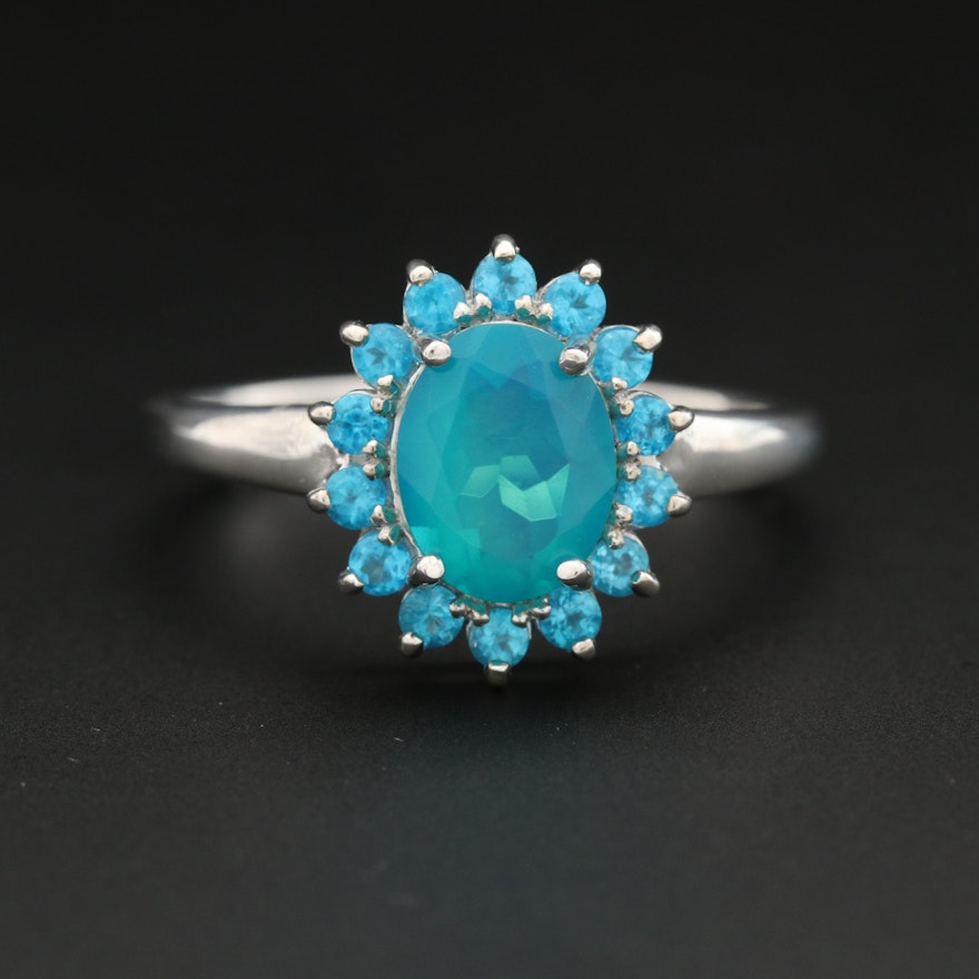 Sterling Silver Opal Ring with Halo of Apatite
