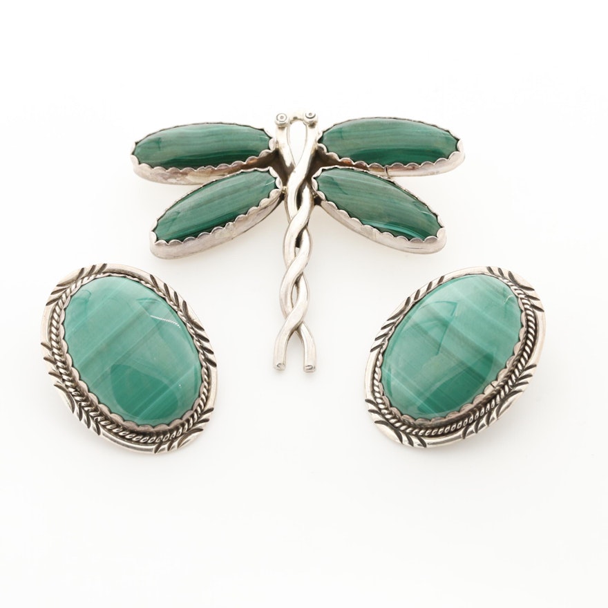 Southwestern Style Sterling Silver Malachite Earrings and Brooch