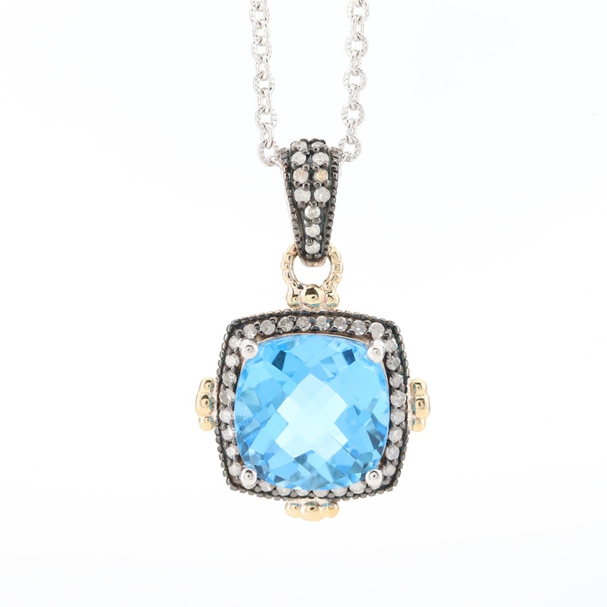 Sterling Silver Blue Topaz and Diamond Necklace Pendant with 10K Gold Accents