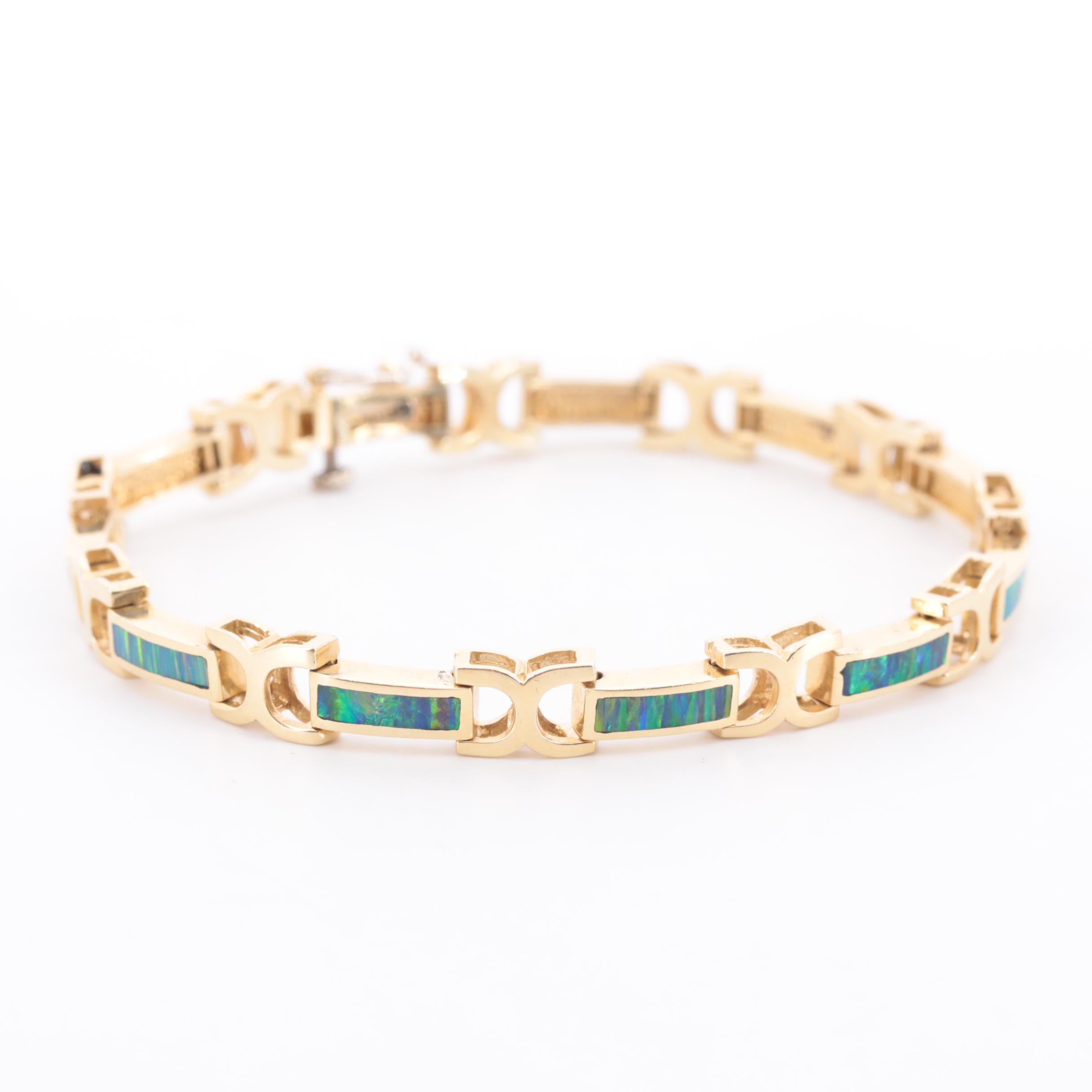 14K Yellow Gold Opal Doublet Inlay Bracelet and Slide Pendant Set