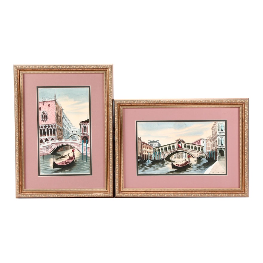 Watercolor Paintings of Venetian Canal Scenes featuring Rialto Bridge