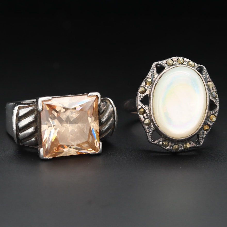 Sterling Silver Mother of Pearl, Marcasite and Cubic Zirconia Rings