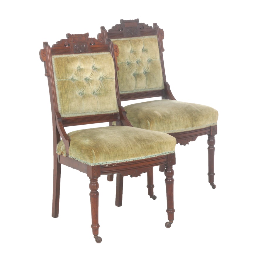 Pair of Victorian Eastlake Walnut Parlor Chairs, Late 19th Century