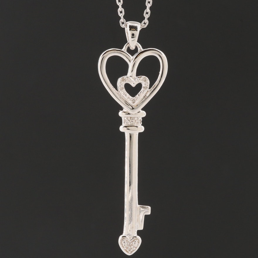 Sterling Silver Diamond Heart Key Pendant Necklace