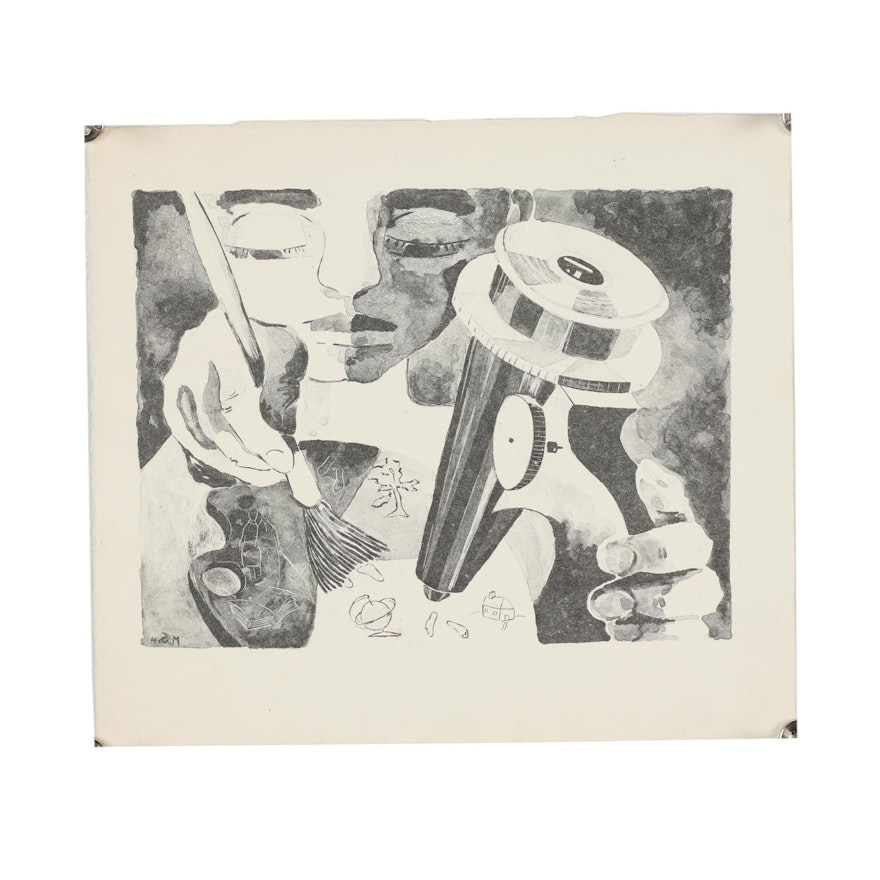 Margaret Sussman Lithograph of Artist and Microscope