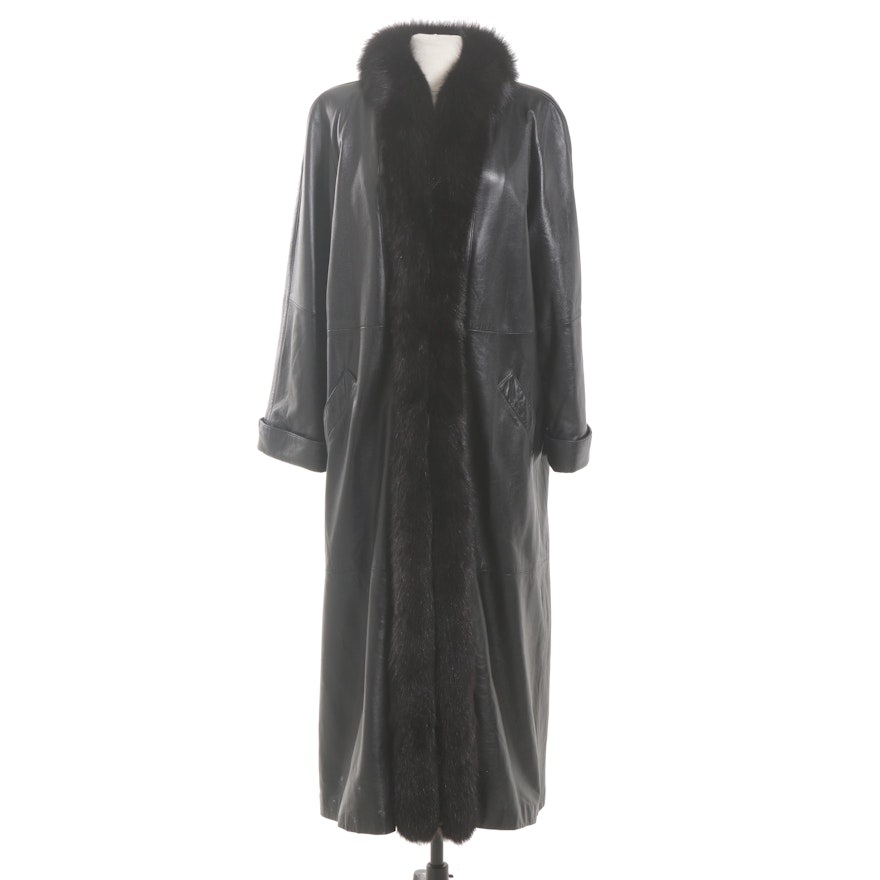 Black Leather and Fox Fur Full-Length Coat, Vintage