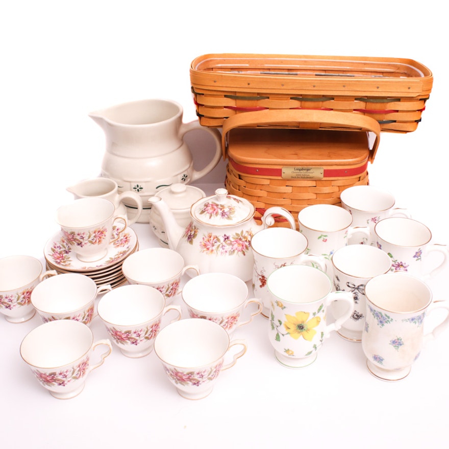 Royal Victoria and Colough and Other Porcelain Serveware with Longaberger Basket