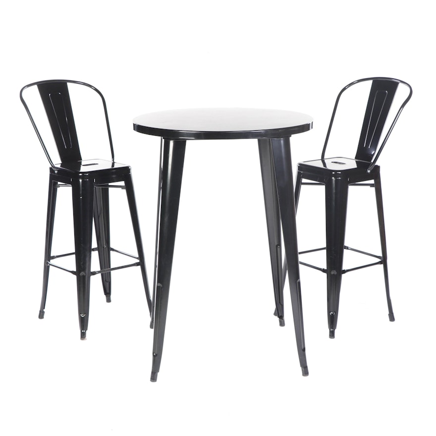 Contemporary Industrial Style Black Finished Metal Cafe Table with Stools