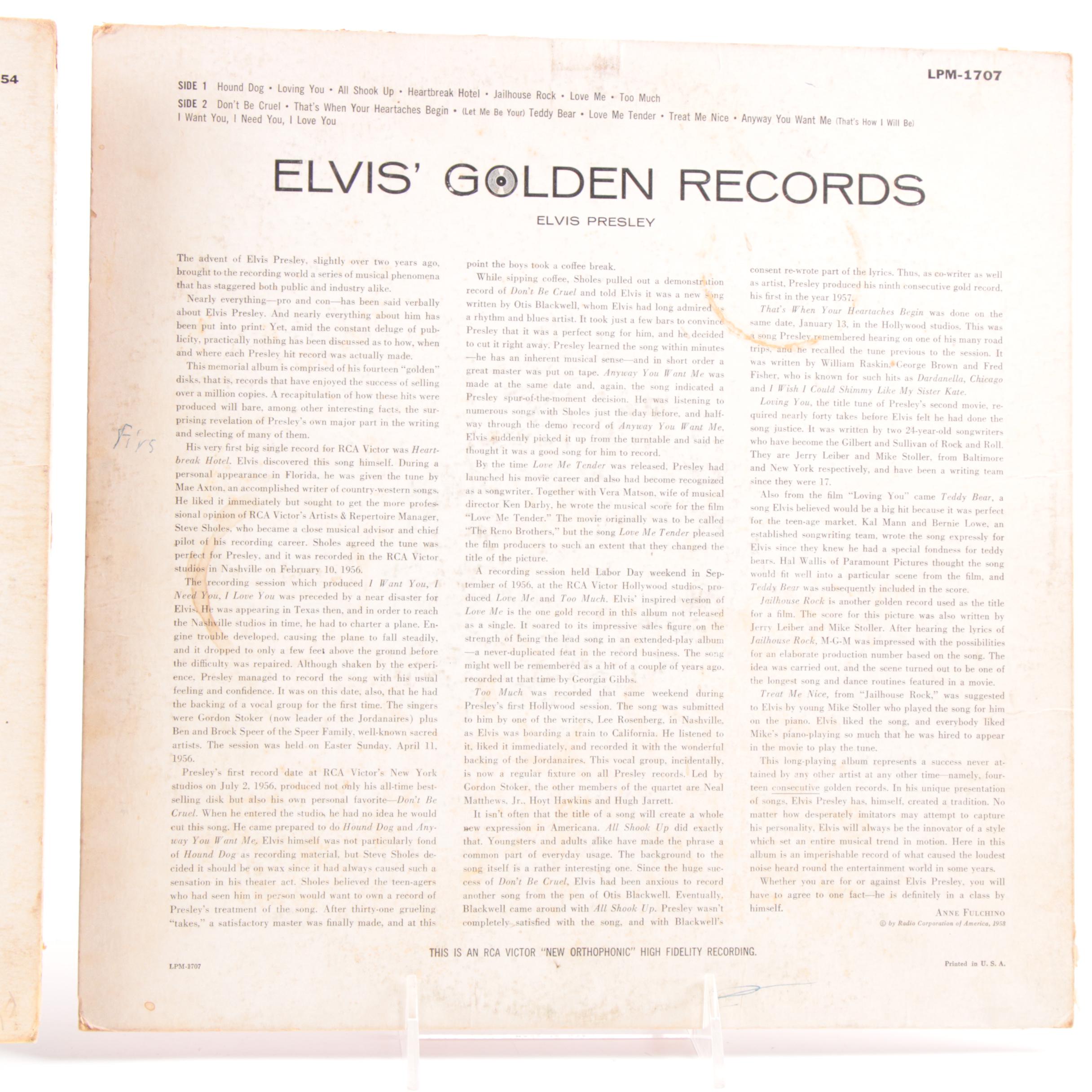 Elvis Presley Record Albums including "Elvis' Golden Records" LP, 1950s