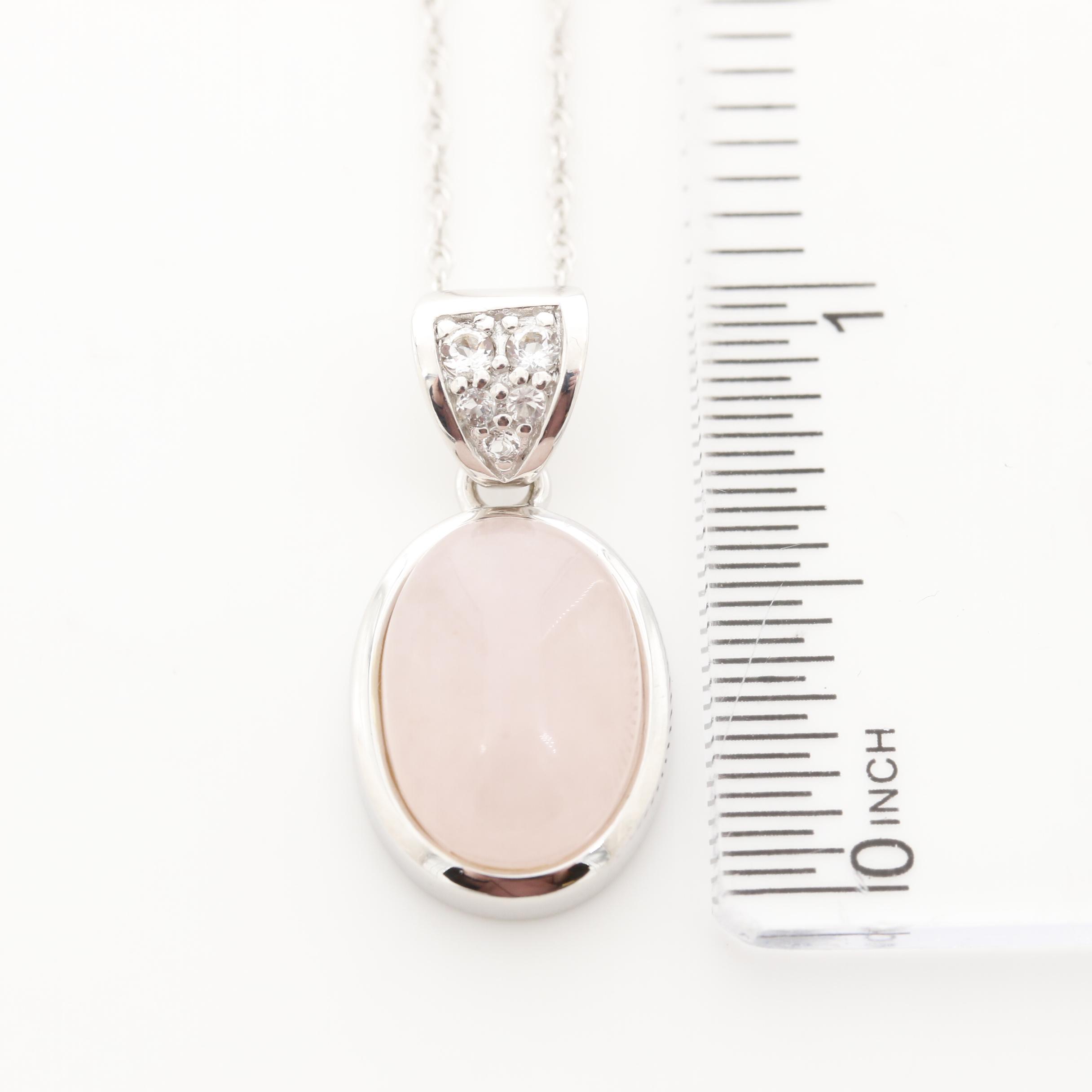 Sterling Silver Oval Rose Quartz Cabochon Pendant Necklace
