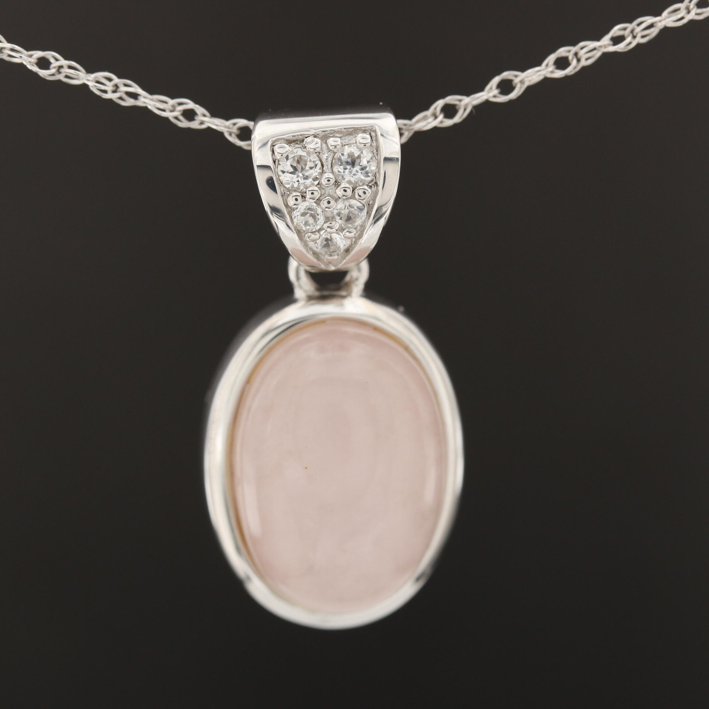 Sterling Silver Oval Rose Quartz Cabochon Pendant Necklace