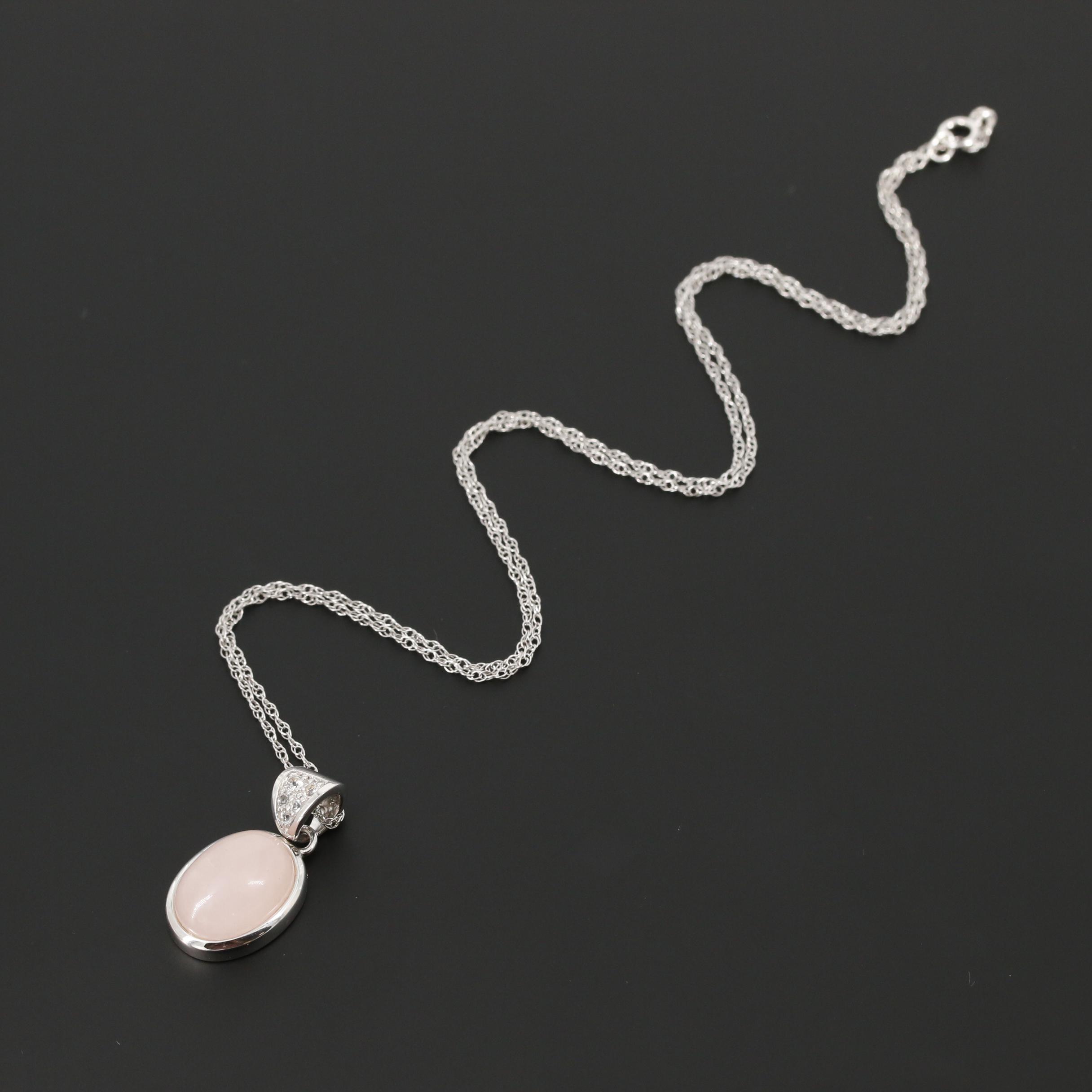 Sterling Silver Oval Rose Quartz Cabochon Pendant Necklace