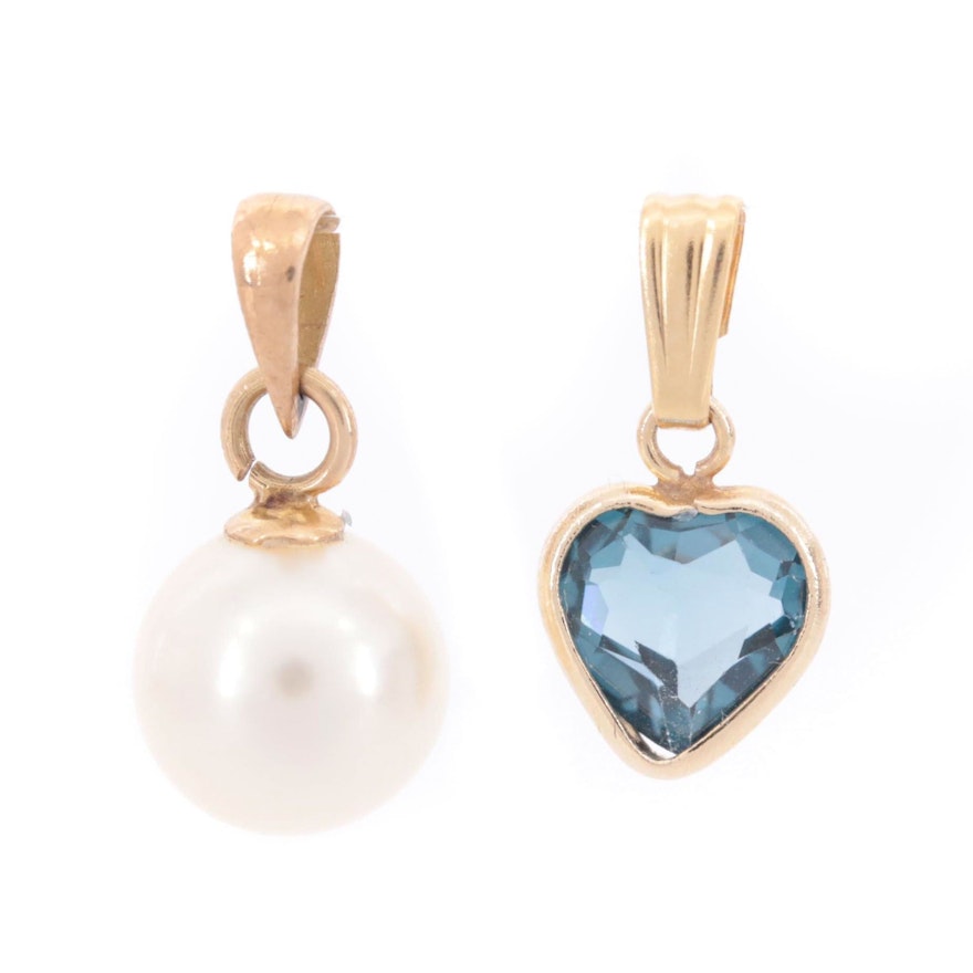 18K Yellow Gold Cultured Pearl Pendant and 14K Gold Spinel Pendant