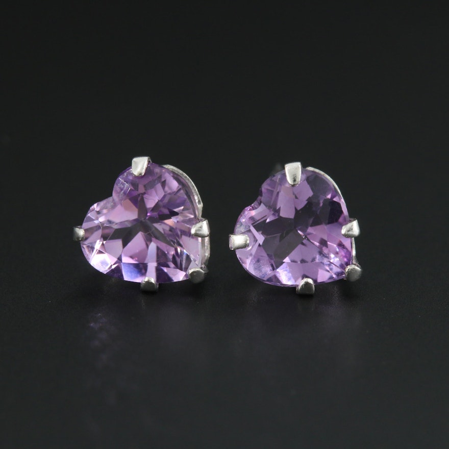 14K White Gold Amethyst Heart Stud Earrings