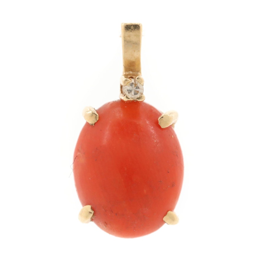 14K Yellow Gold Coral and Diamond Pendant