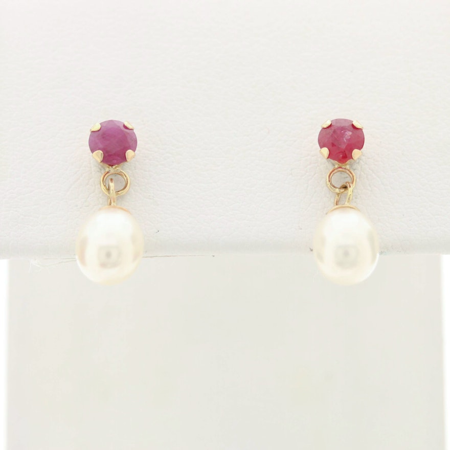 14K Yellow Gold Ruby and Cultured Pearl Dangle Earrings