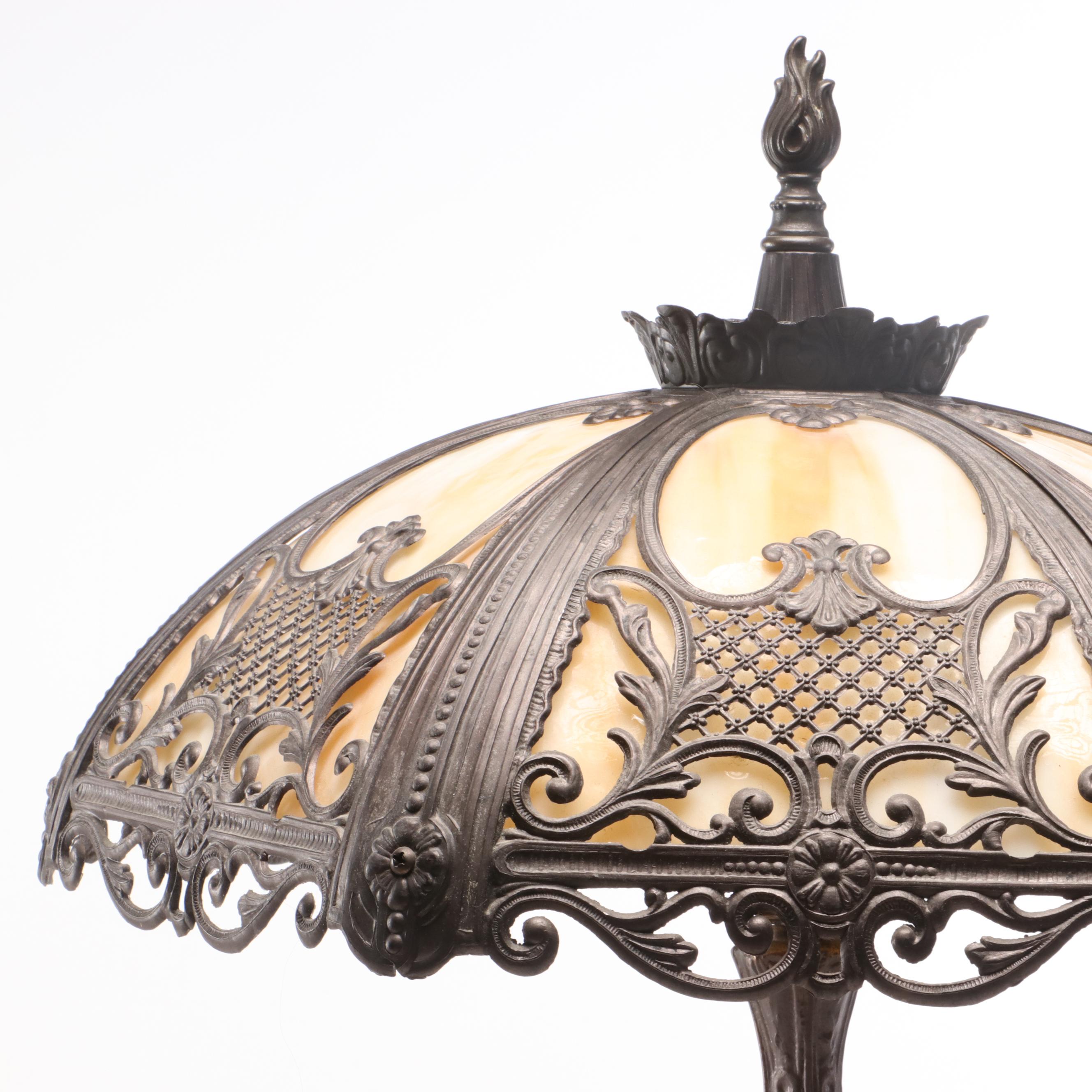 Pittsburgh Style Brass and Slag Glass Panel Table Lamp