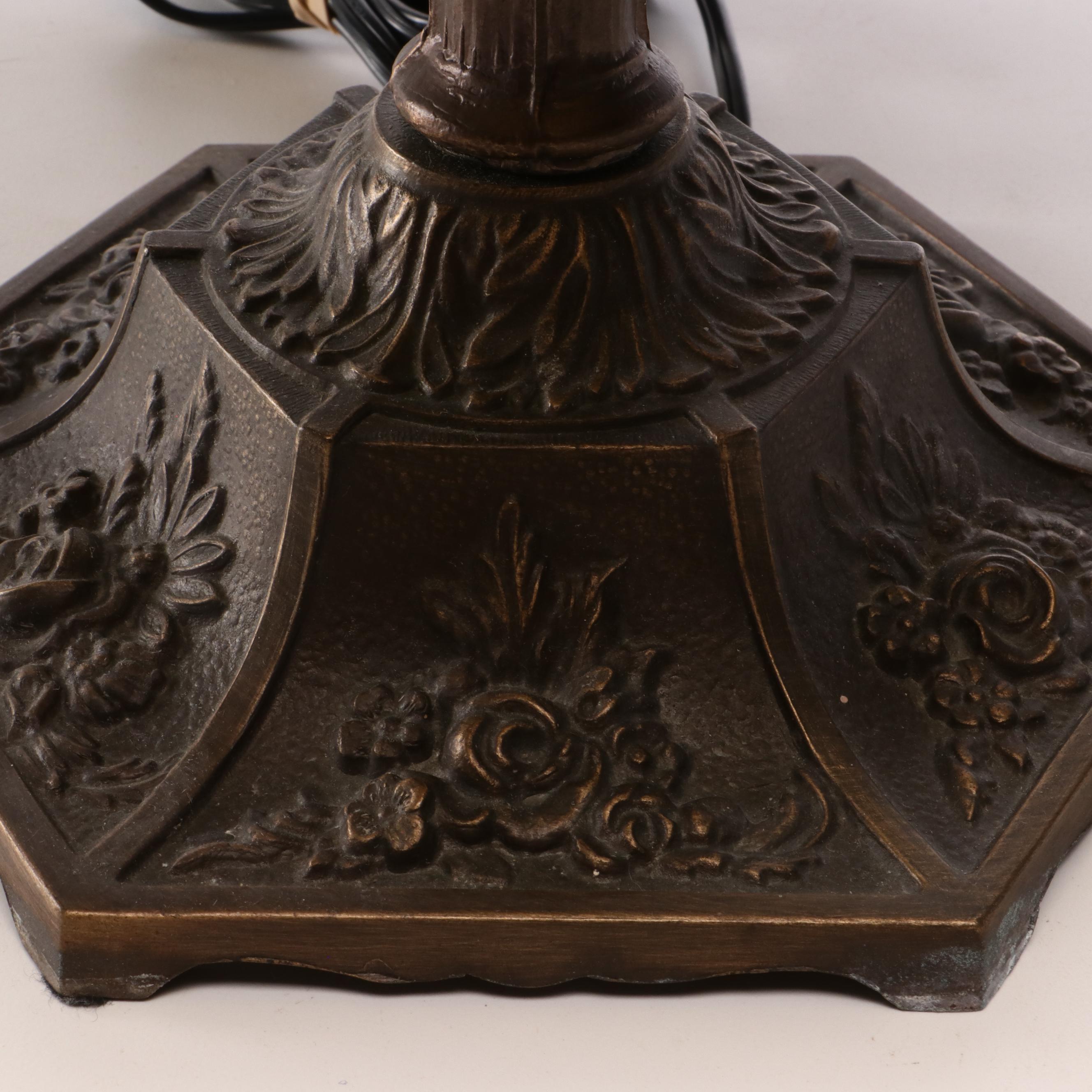 Pittsburgh Style Brass and Slag Glass Panel Table Lamp