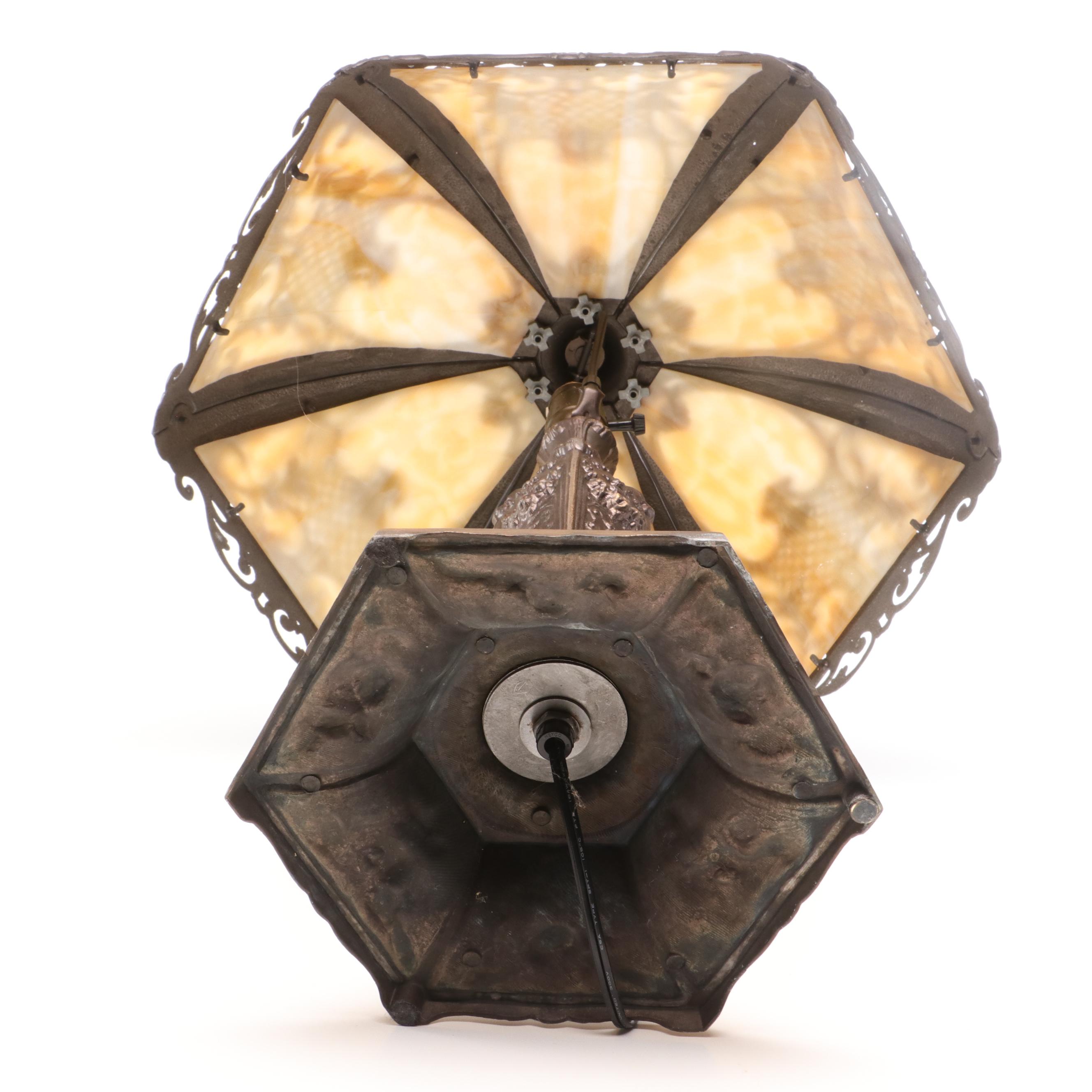 Pittsburgh Style Brass and Slag Glass Panel Table Lamp
