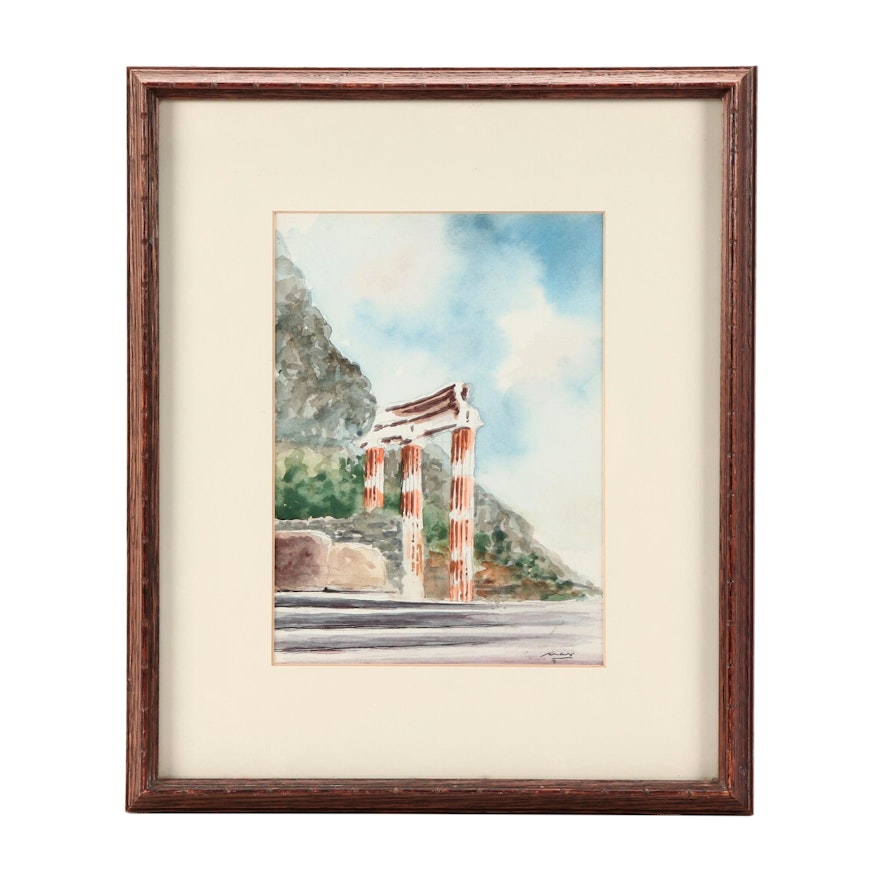 Watercolor Painting of Ruins in Landscape