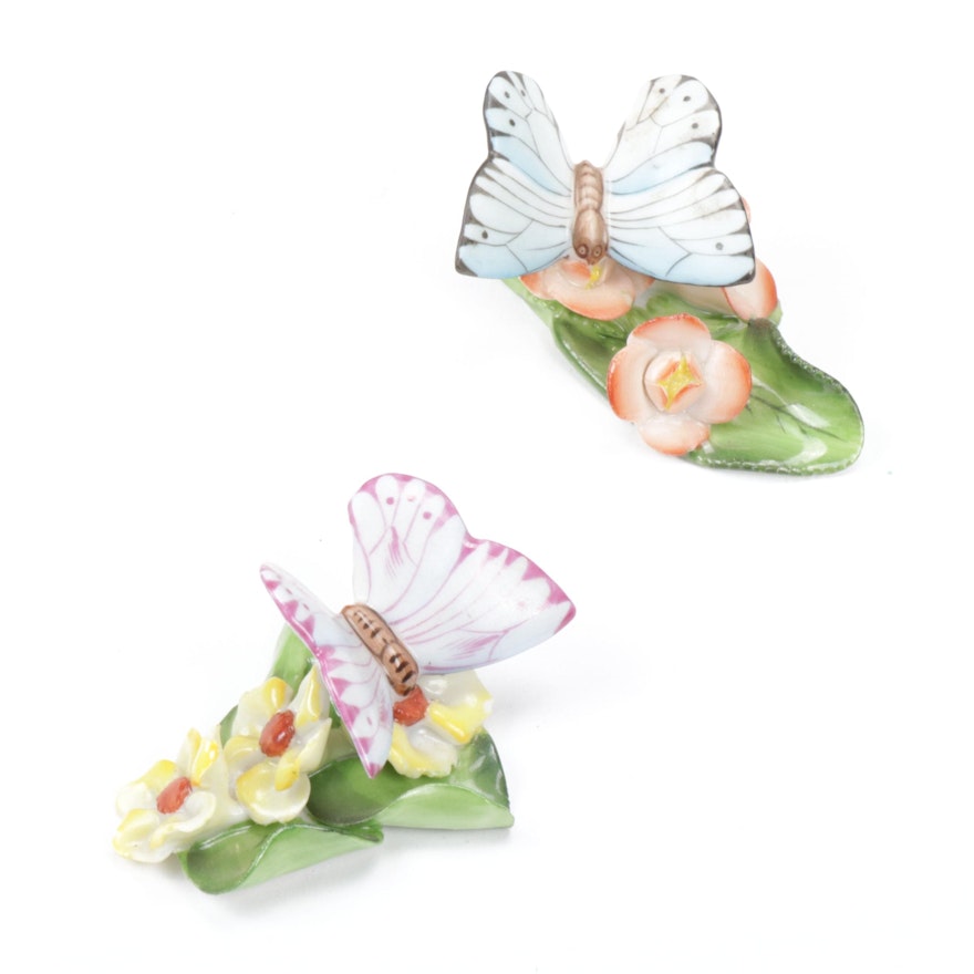 Herend Butterfly with Flowers on Leaf Place Card Holders