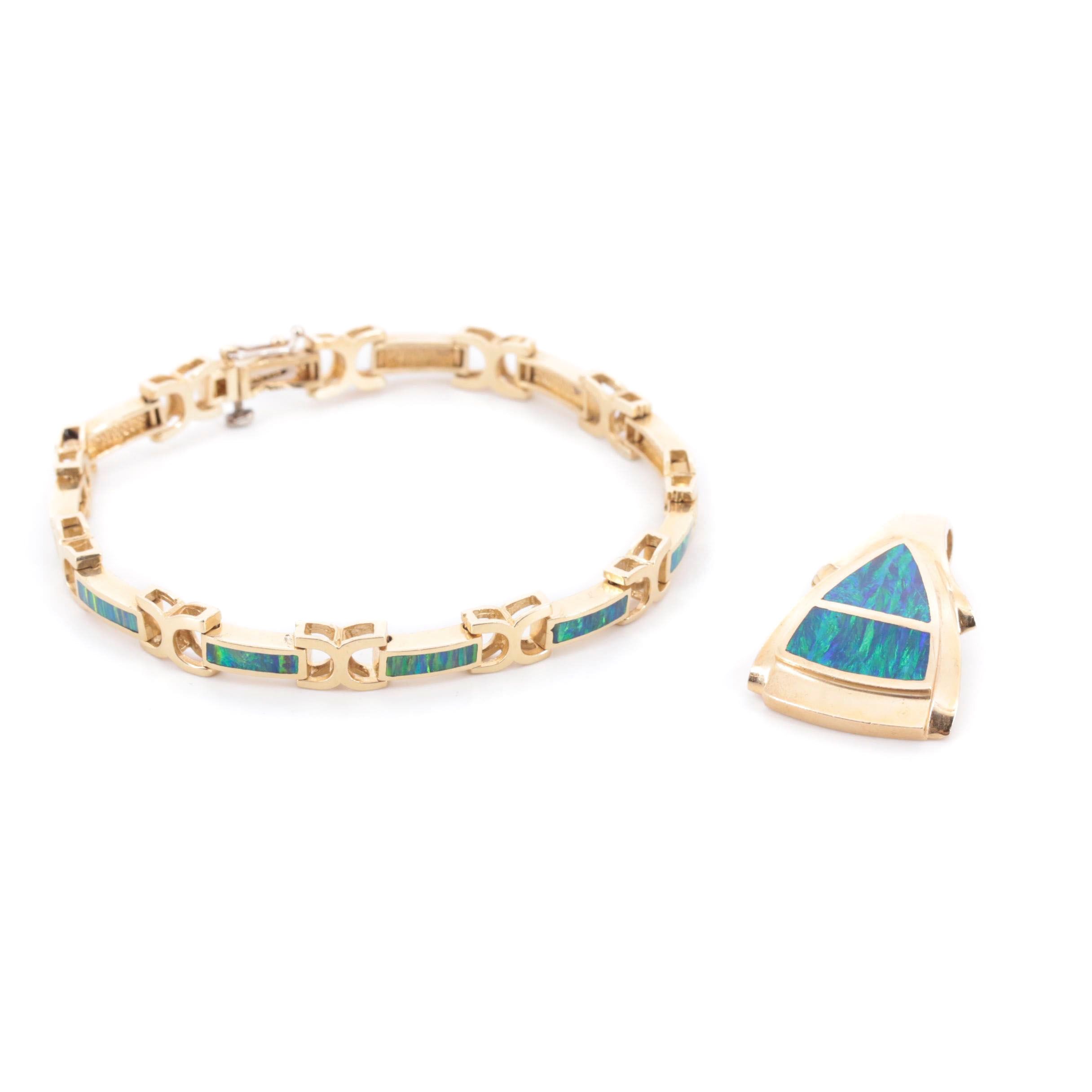 14K Yellow Gold Opal Doublet Inlay Bracelet and Slide Pendant Set