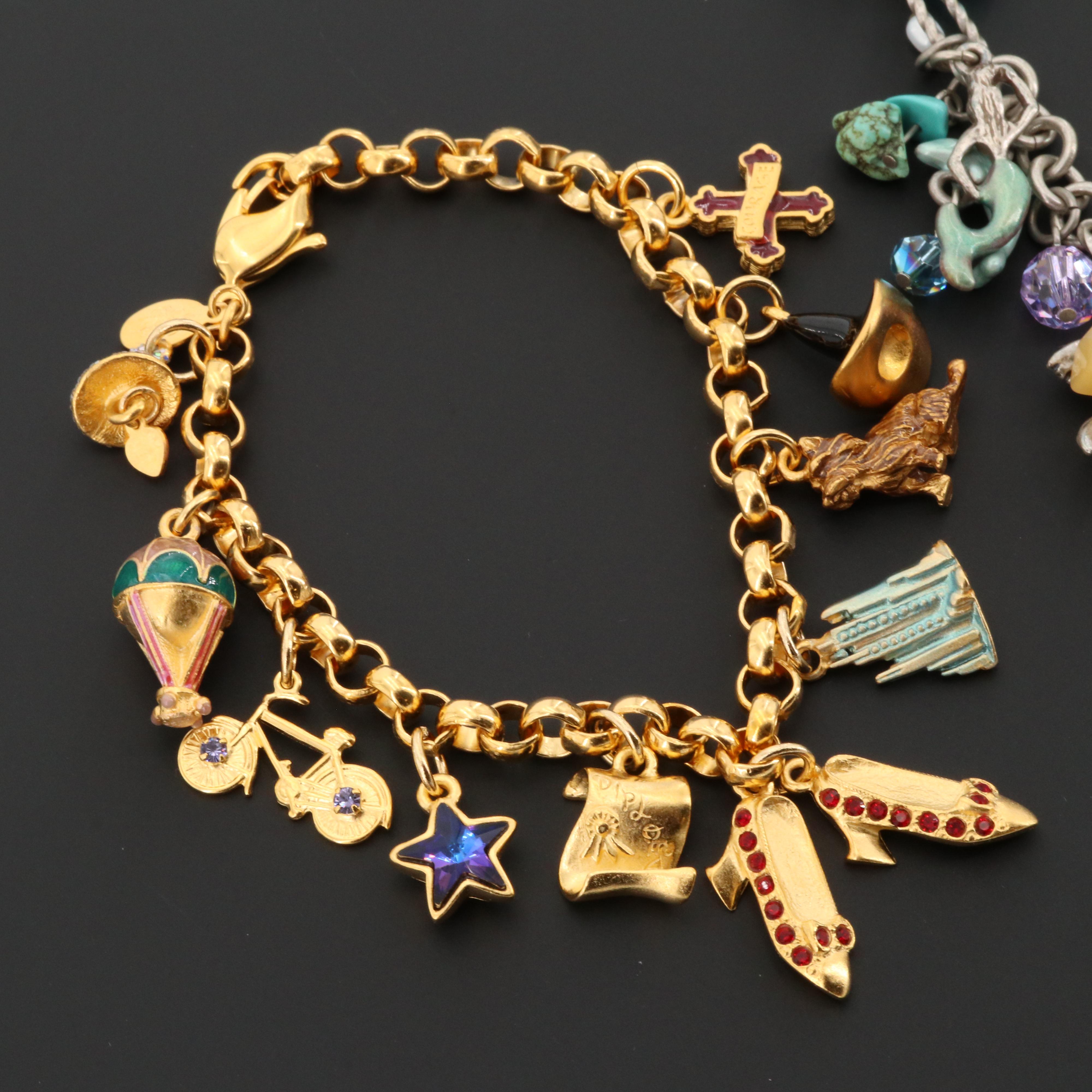 Rhinestone, Turquoise, and Enamel Charm Bracelets