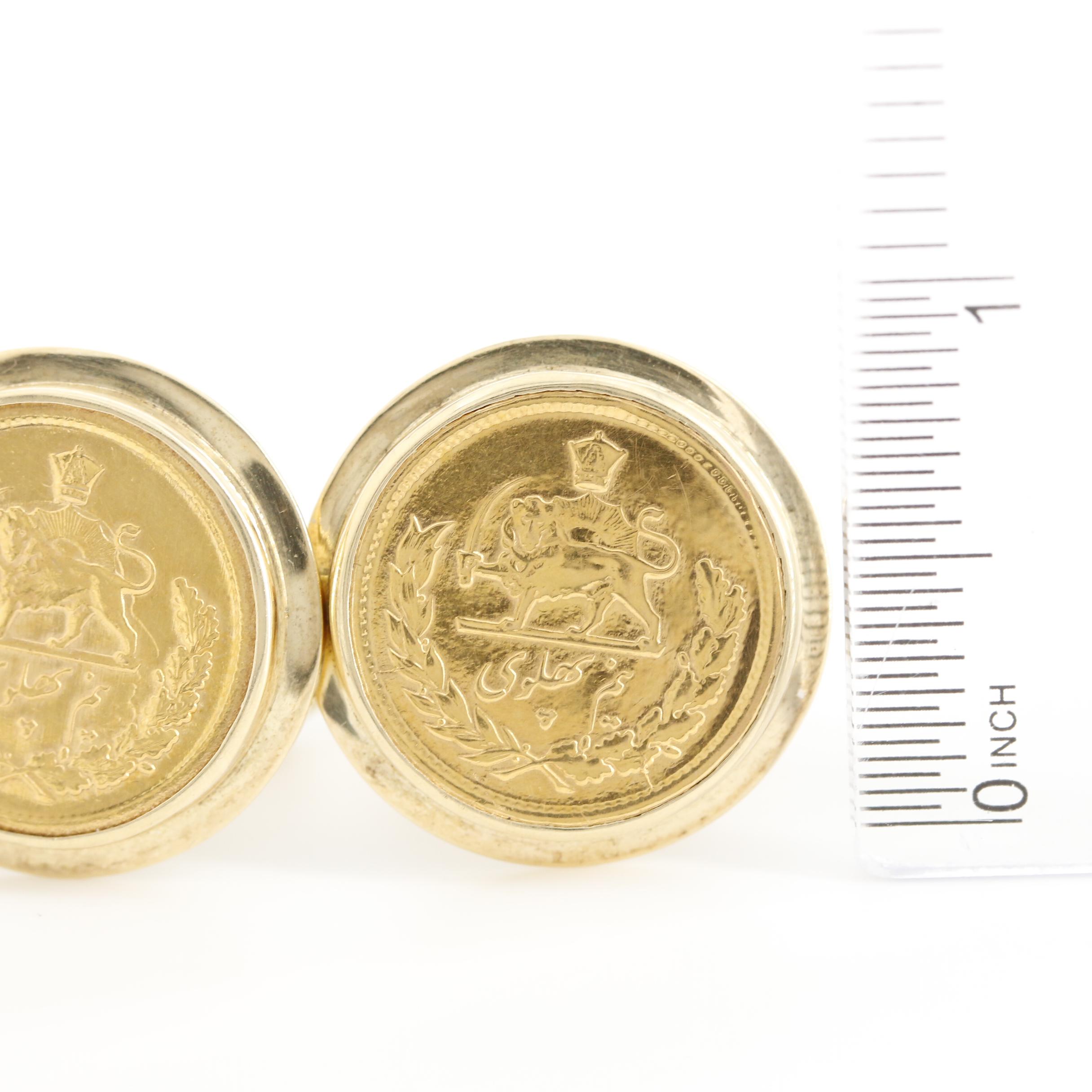 14K Yellow Gold Cufflinks Holding Two Iranian/Persian 1/2-Pahlavi Gold Coins