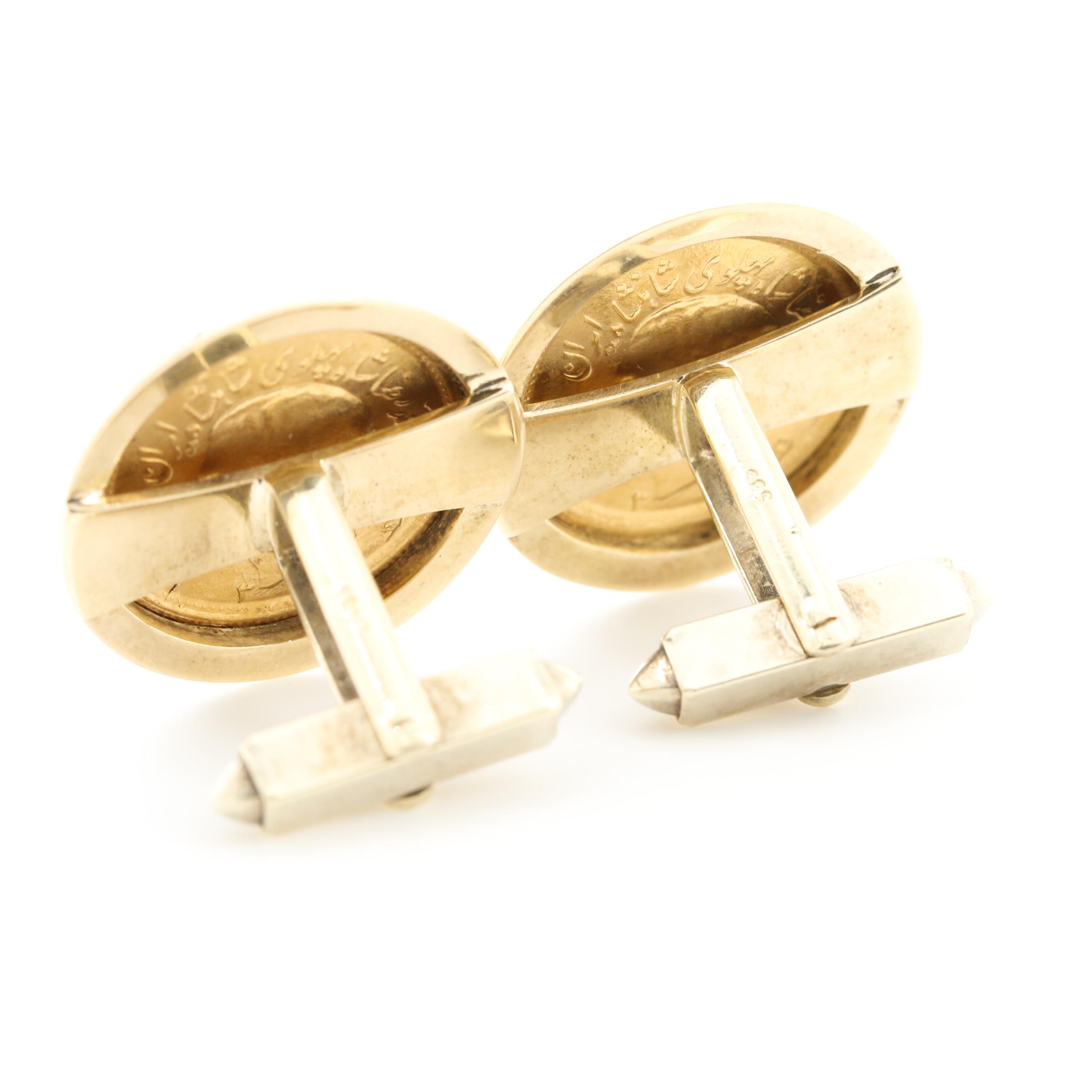 14K Yellow Gold Cufflinks Holding Two Iranian/Persian 1/2-Pahlavi Gold Coins