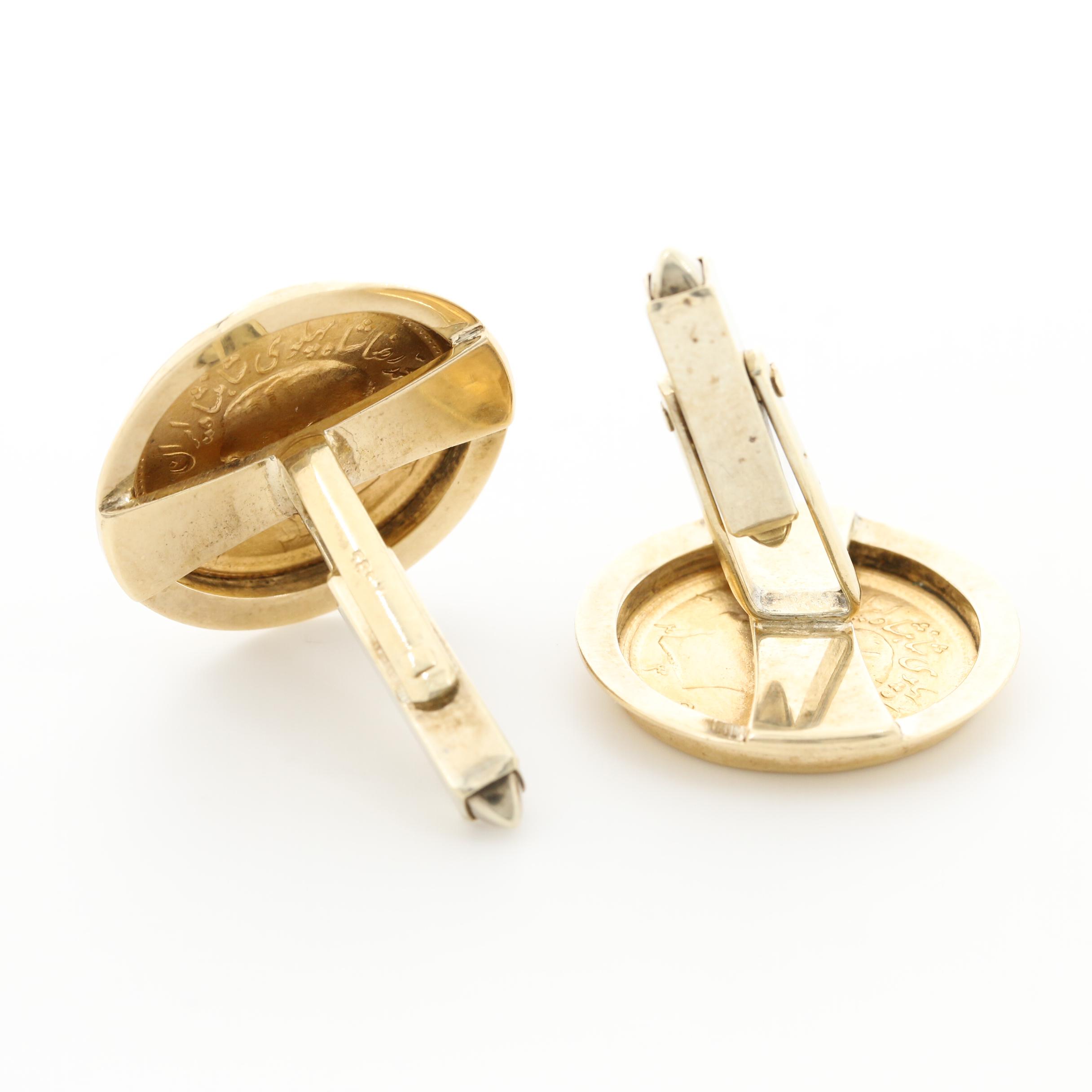 14K Yellow Gold Cufflinks Holding Two Iranian/Persian 1/2-Pahlavi Gold Coins