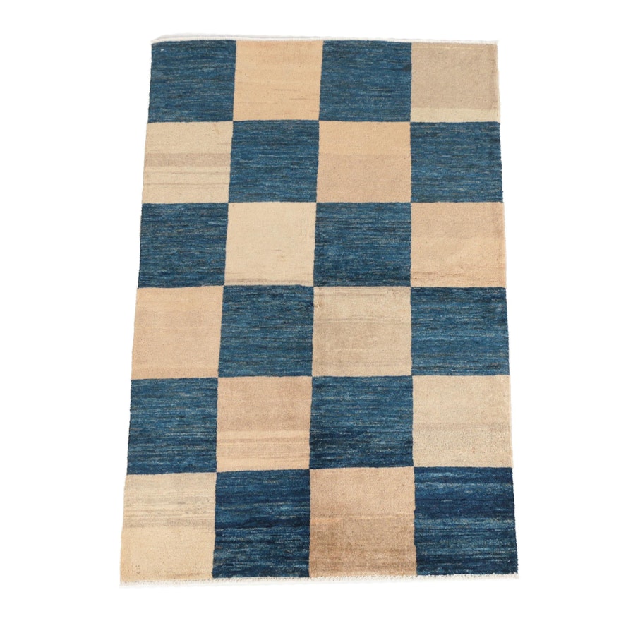 Hand-Knotted Afghan Checkerboard Gabbeh Wool Area Rug