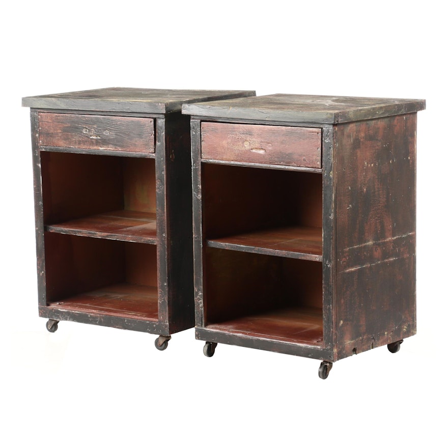 Two Industrial Style Painted One-Drawer Rolling Side Cabinets, 20th Century