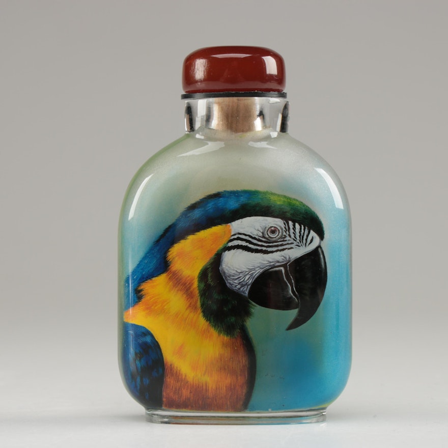 Chinese Reverse Painted Glass Snuff Bottle with Parrots