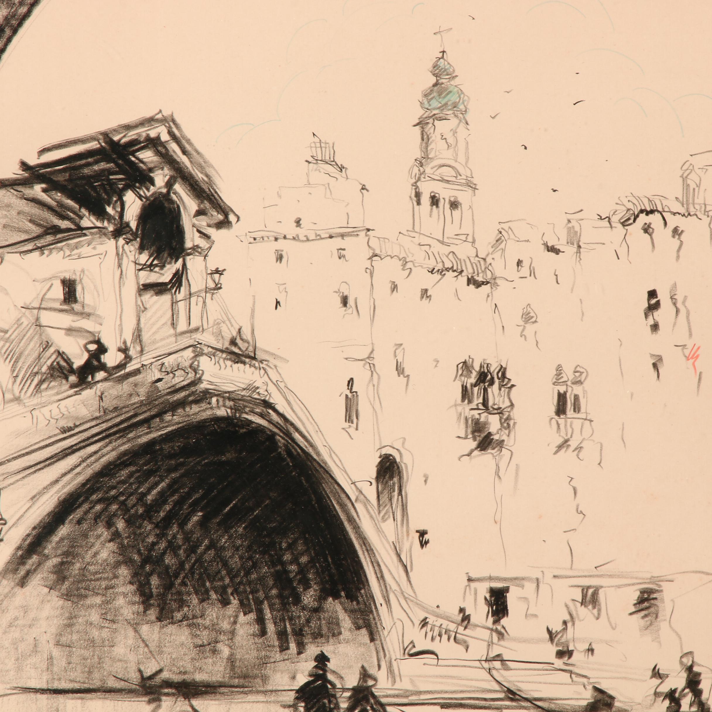 Early 20th Century Chalk Drawing "Ponte di Rialto, Venezia"