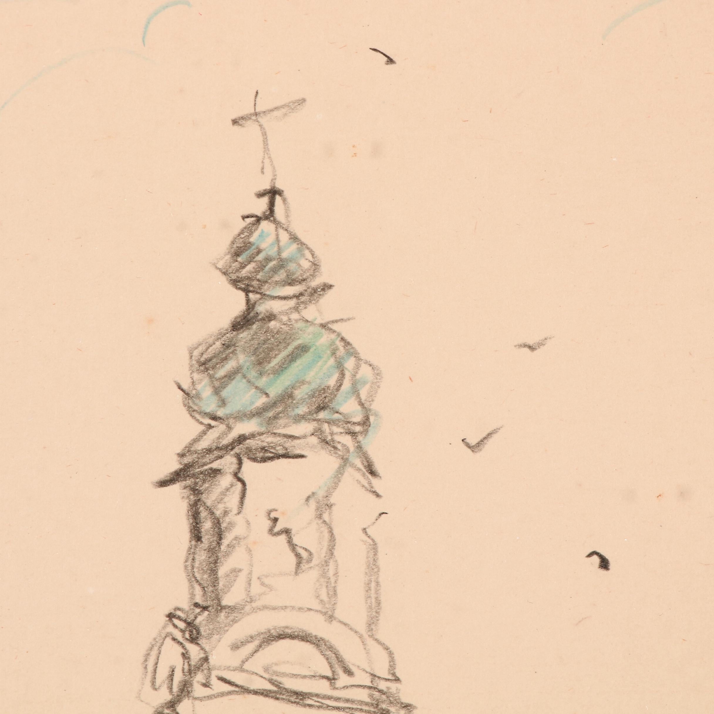 Early 20th Century Chalk Drawing "Ponte di Rialto, Venezia"