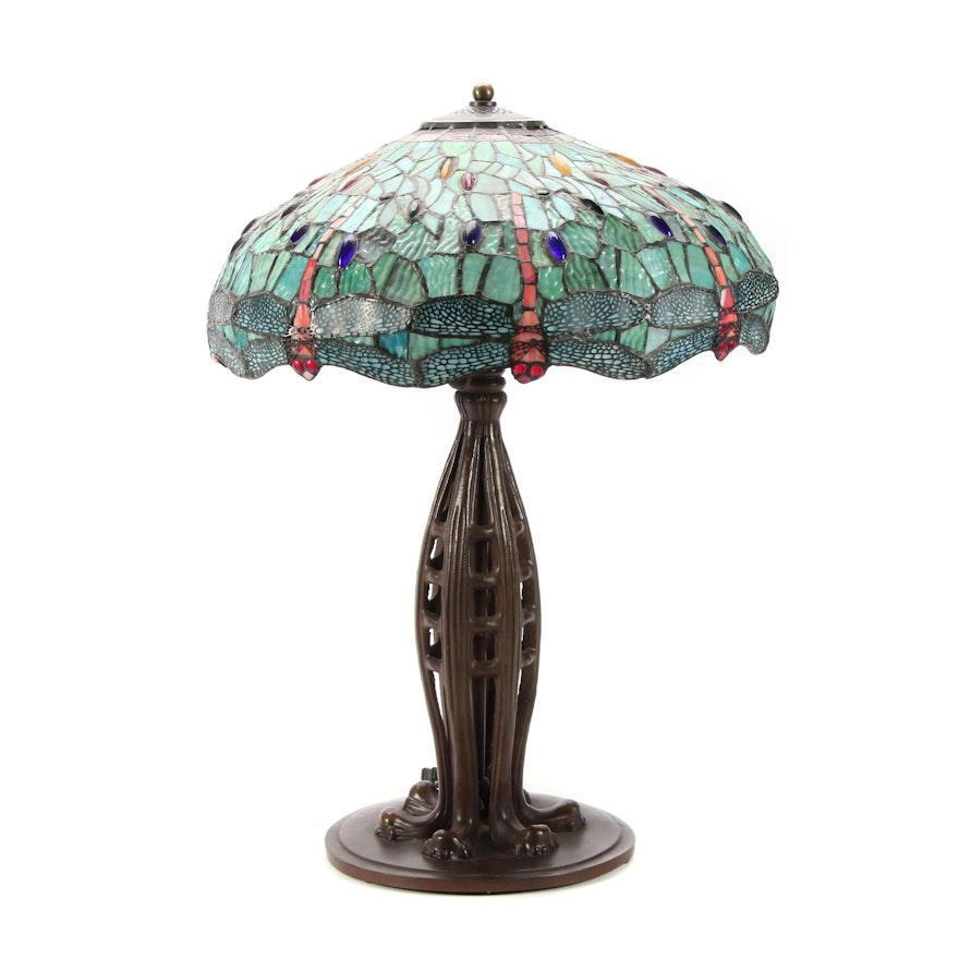 Tiffany Style Table Lamp With Dragon Fly Slag Glass Shade