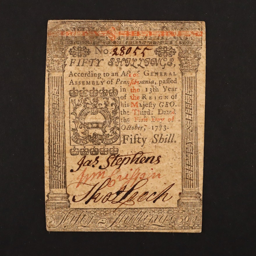 October 1st, 1773 Pennsylvania Fifty Shillings Colonial Currency Note