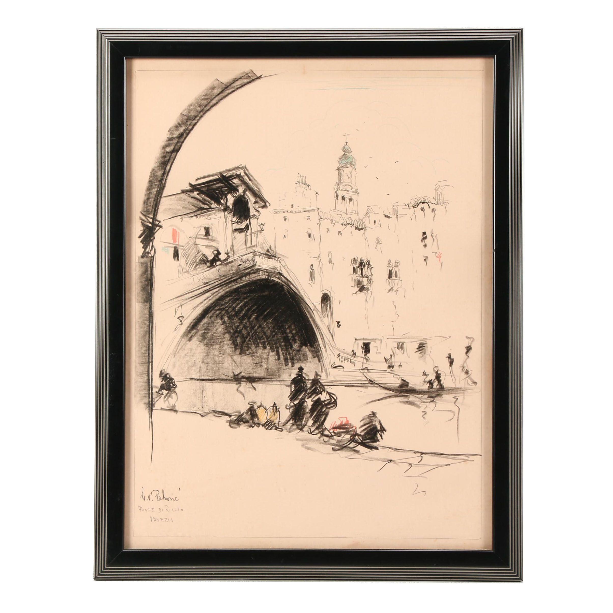 Early 20th Century Chalk Drawing "Ponte di Rialto, Venezia"