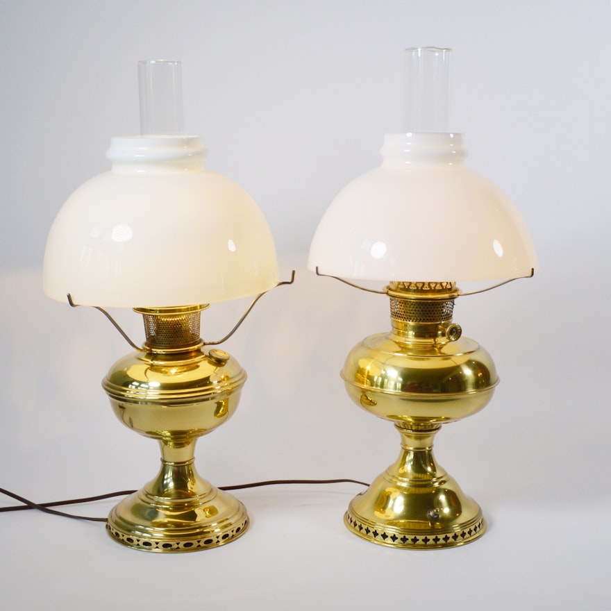 Two Electric Brass Converted Oil Lamps with Glass Domes, Vintage