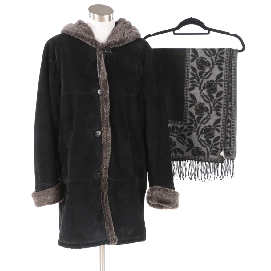 Dennis Basso Black Suede Faux Fur Coat and Reversible Italian Knit Fringed Shawl