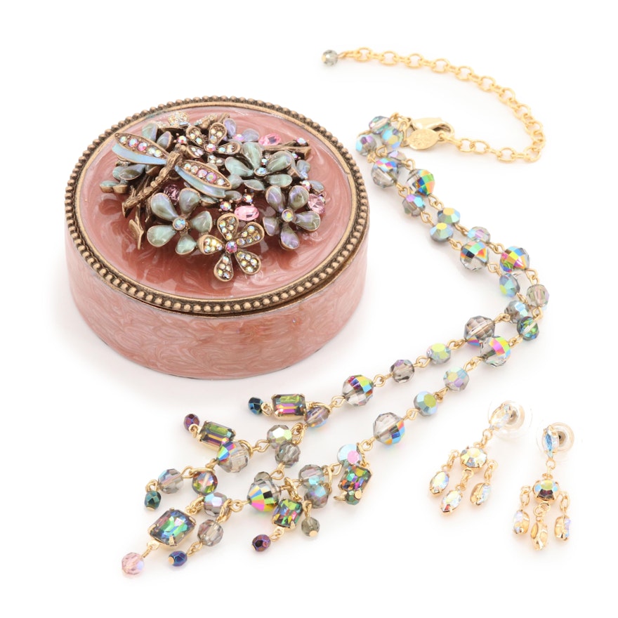 Rhinestone and Enamel Trinket Box, Necklace, and Earrings