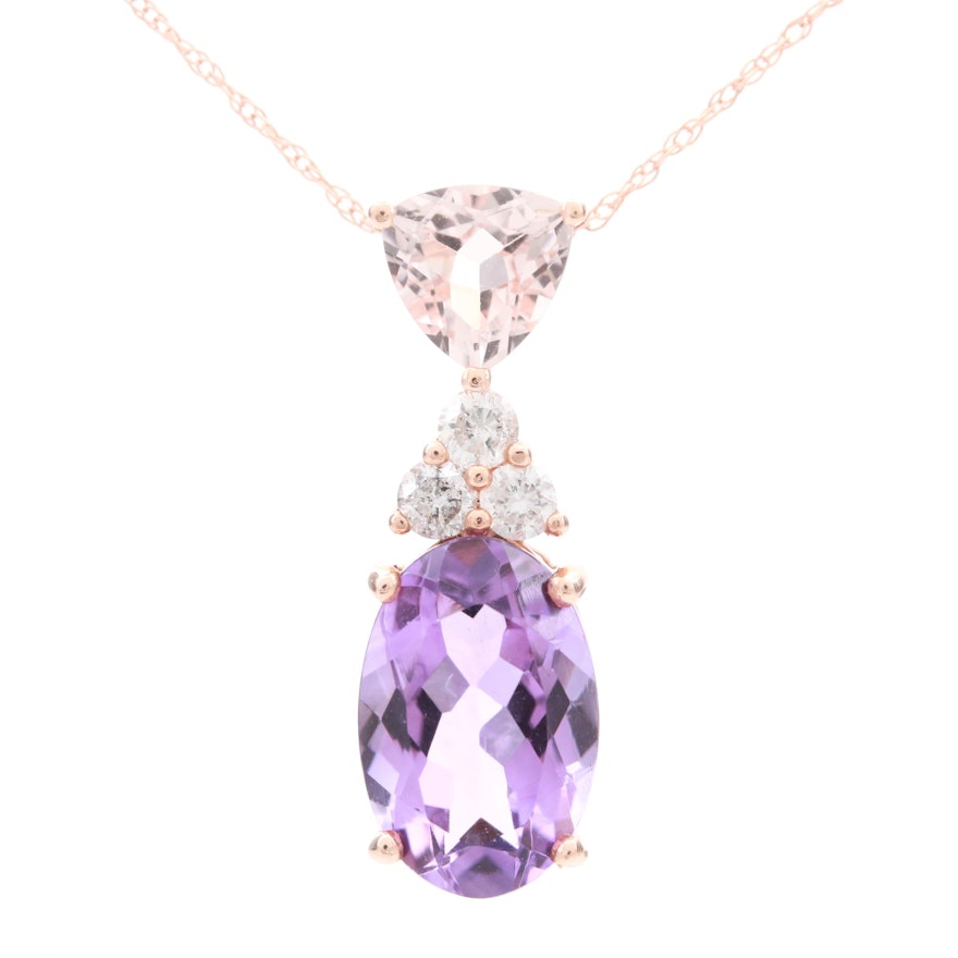 14K Rose Gold Diamond, Amethyst and Morganite Pendant Necklace