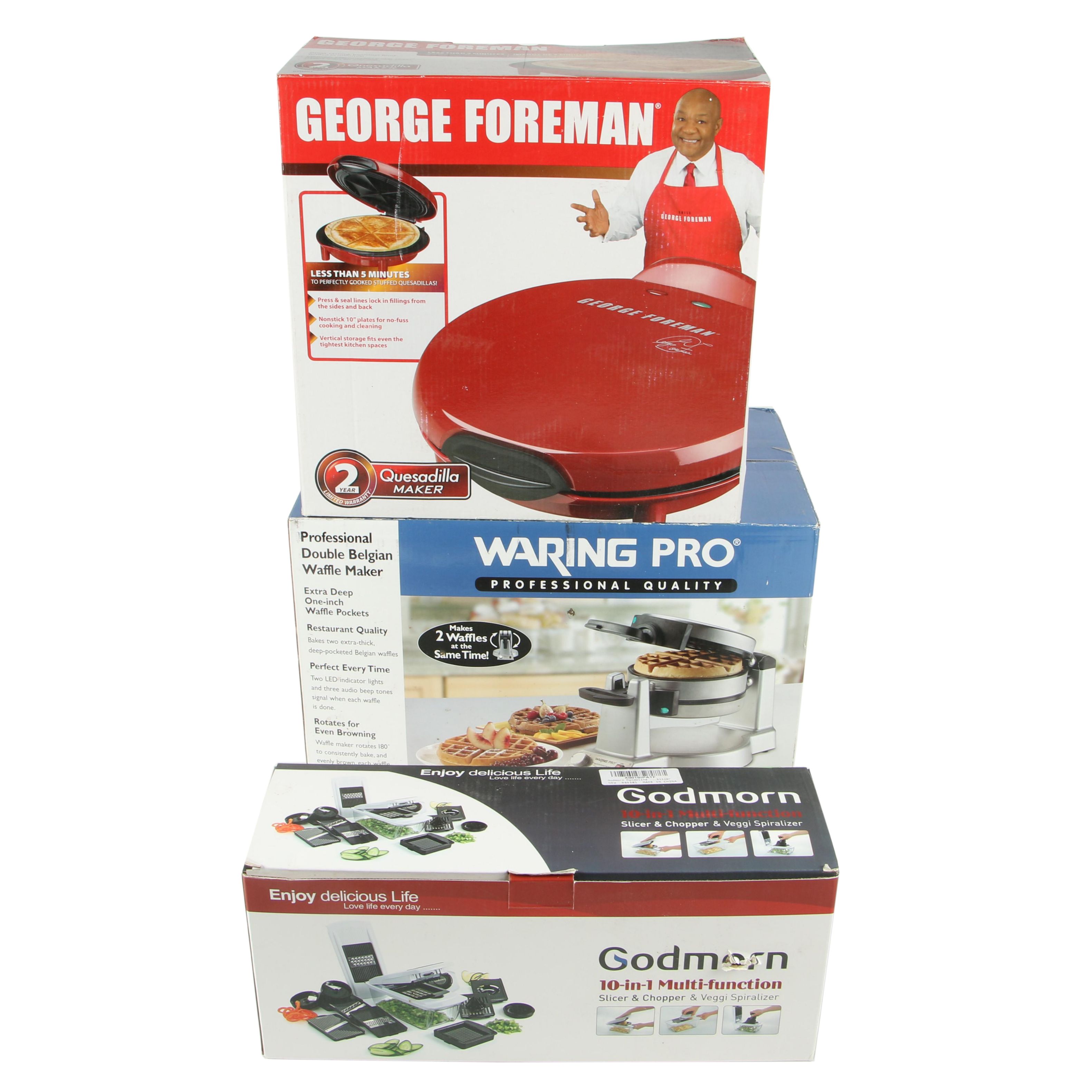 Waring Pro Waffle Iron, George Foreman Quesadilla Maker, and Godmorn Multi-Chop