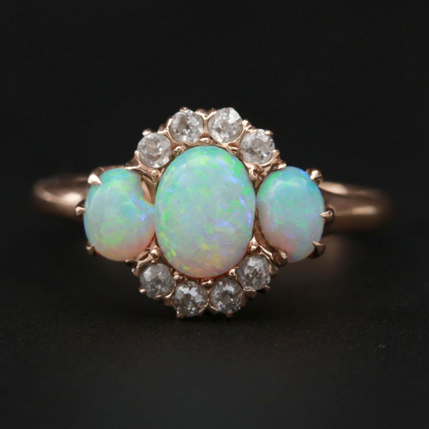 Victorian 10K Rose Gold Opal and Diamond Ring