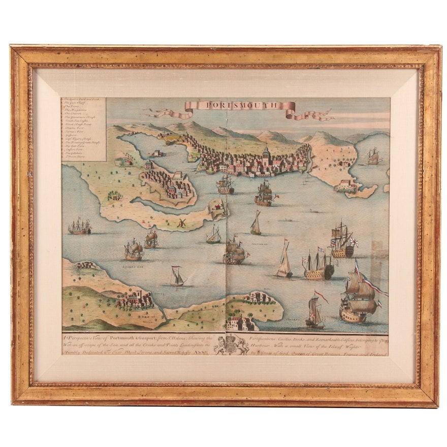 18th Century Hand-colored Engraved Pictorial Map of Portsmouth