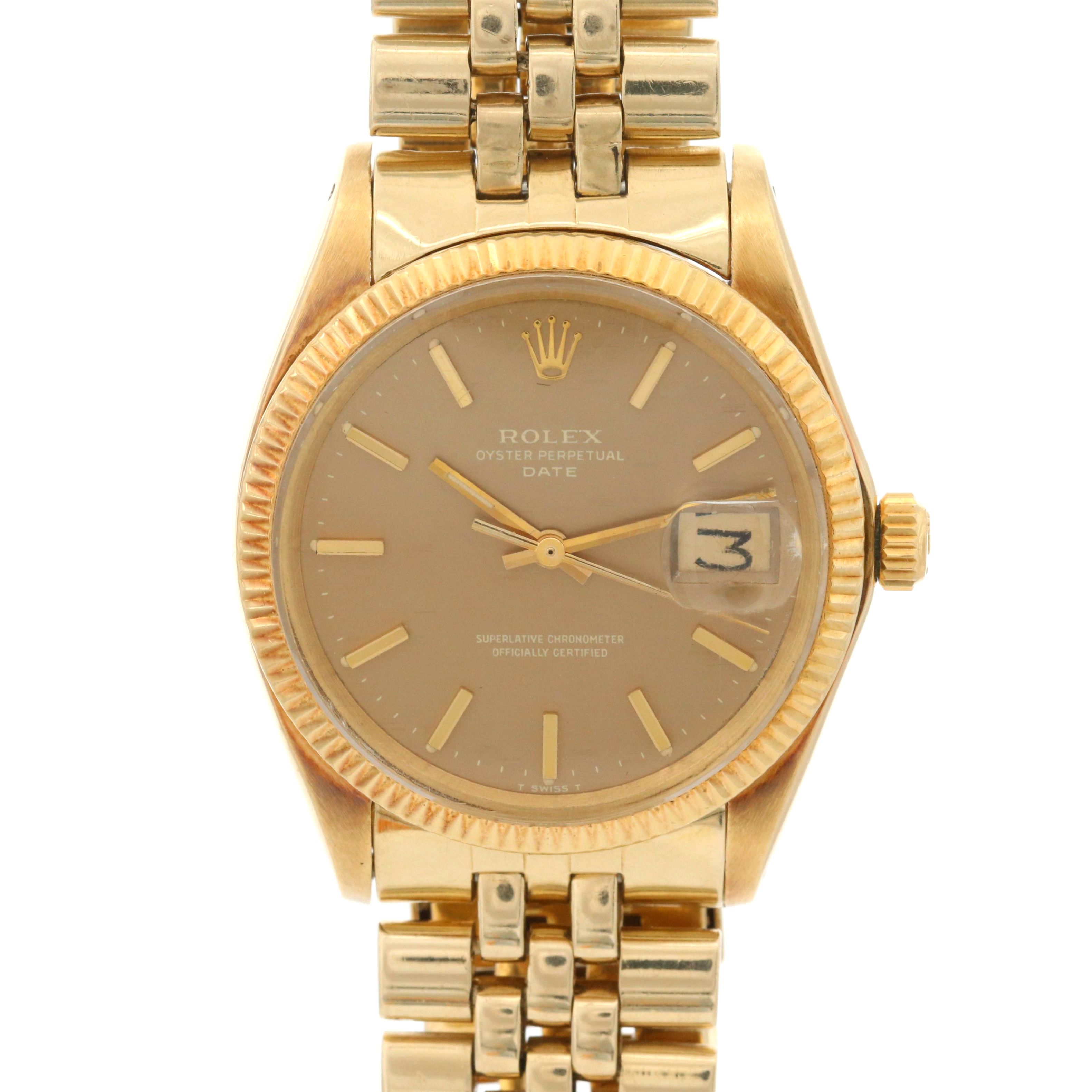Vintage Rolex Oyster Perpetual Date 14K Gold Watch With Florentine Dial