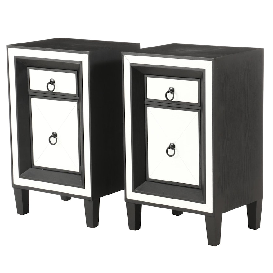 Pair of Ebonized Wood and Glass-Mounted Nightstands