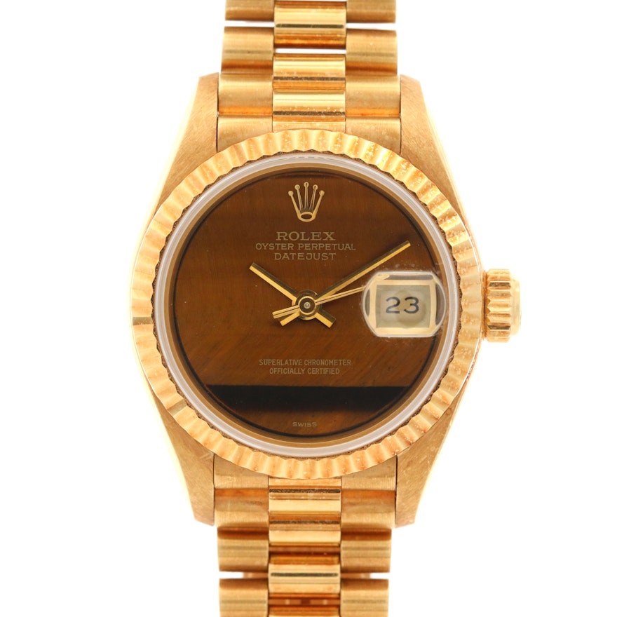 Rolex Datejust 18K Gold Automatic Wristwatch with Tiger's Eye Dial, Circa 1990